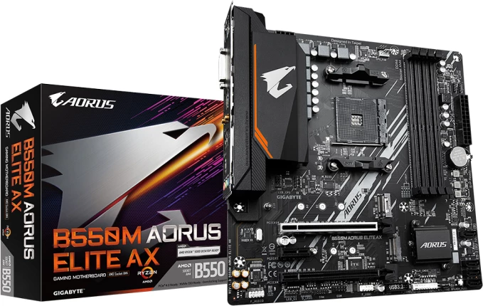 Pllakë amë GIGABYTE B550M AORUS ELITE AX, AMD AM4, mATX, DDR4, Wi‑Fi 6E + Bluetooth 5.3