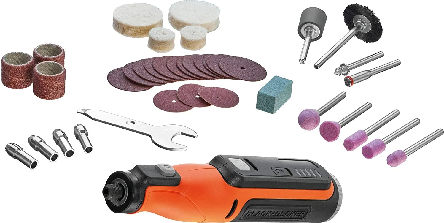 Vegël rrotulluese pa kabllo Black&Decker BCRT8I 7.2V, Li-Ion, USB, 5 shpejtësi, 36 aksesorë, zi/portokalli