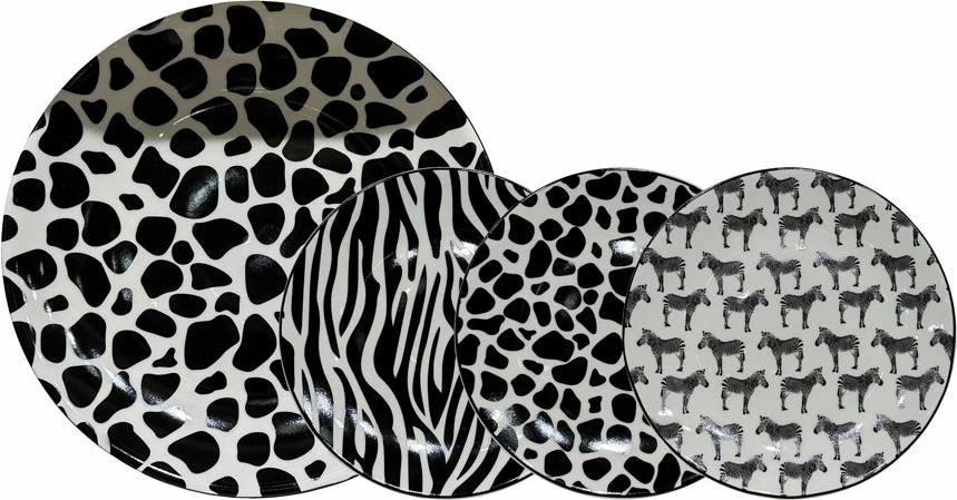 Set pjatash ëmbëlsirash SAFARI, 7 copë, porcelan New Bone China, bardhë e zi, 30x30x3cm