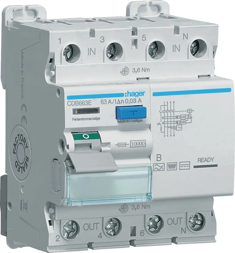 Ndërprerës diferencial Hager CDB663E, 4-pol, 63A, 30mA, Tip B, 10kA, 230/400V, gri