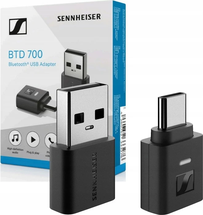 Adapter Bluetooth USB Sennheiser BTD 700, Bluetooth 5.4, Auracast, aptX Lossless, USB-C/USB-A, i zi, set me adapter USB-C në USB-A