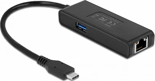 Adapter USB-C DeLOCK në LAN 2.5 Gigabit me portë USB-A, USB 3.2 Gen 1, i zi