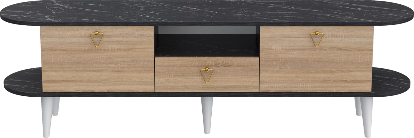 Mobilje TV BEECON FH18185 melaminë, ngjyrë mermeri të zi & këmbë të bardha sonama 180x36x53Hcm