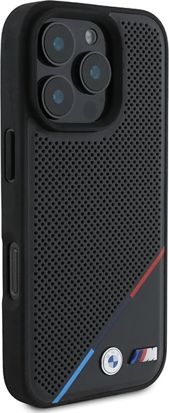 Mbështjellës BMW M Perforated Tricolor Line MagSafe për iPhone 16 Pro, Zi