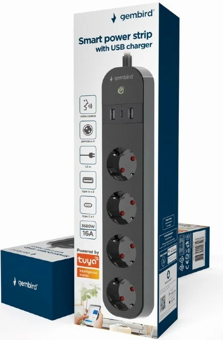 Zgjatës rryme smart Gembird TSL-PS-S4U-01, 4x Schuko, 2x USB-A, 1x USB-C, kabllo 1.5 m, zi