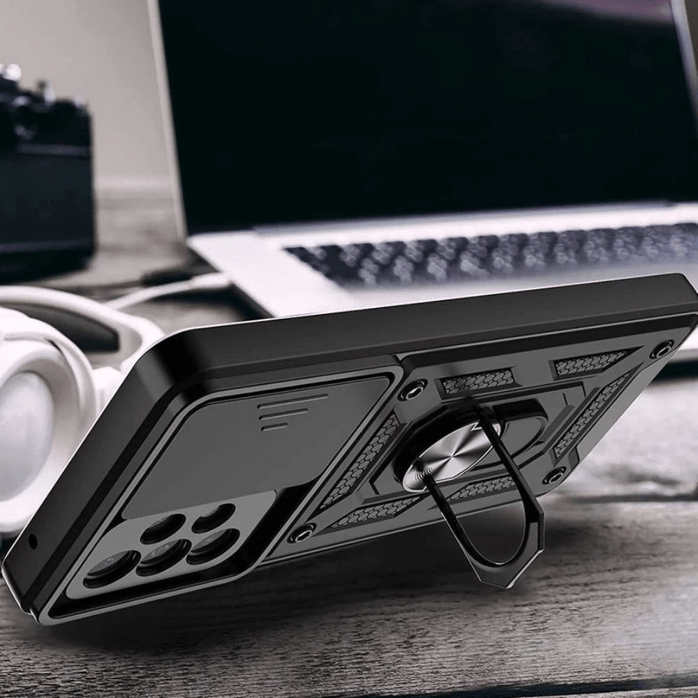 Mbështjellës ONASI Armor Ring për Samsung Galaxy S24 Plus 5G, me mbrojtje kamere me slider, me unazë/mbajtëse dhe stand, i zi