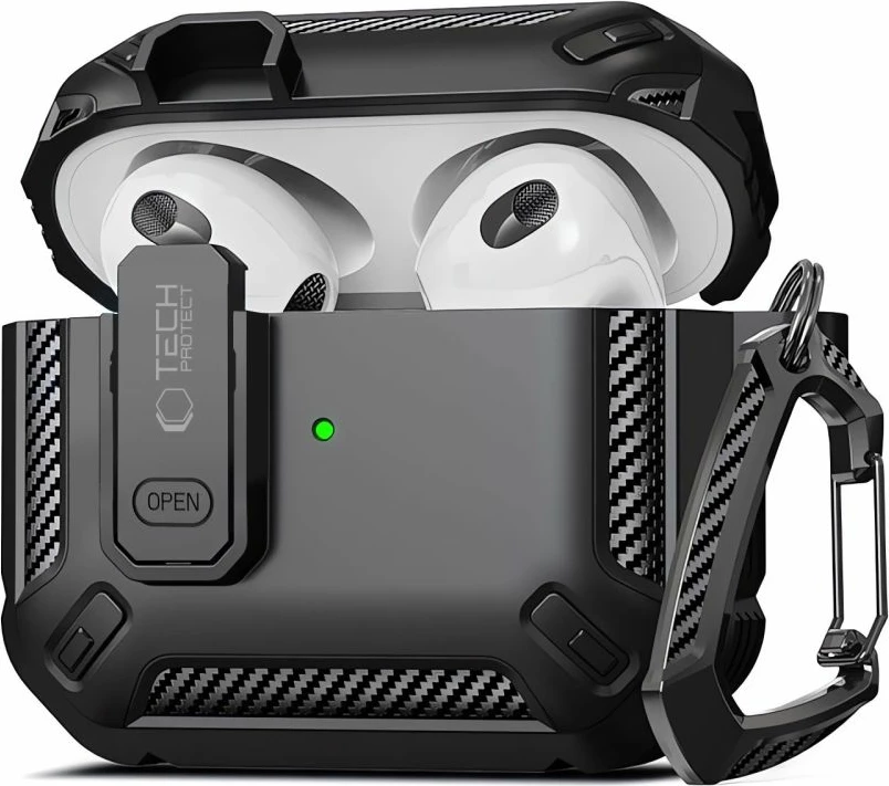 Mbështjellës Tech-Protect X-Carbo për AirPods Pro/Pro 2, me karabiner, i zi
