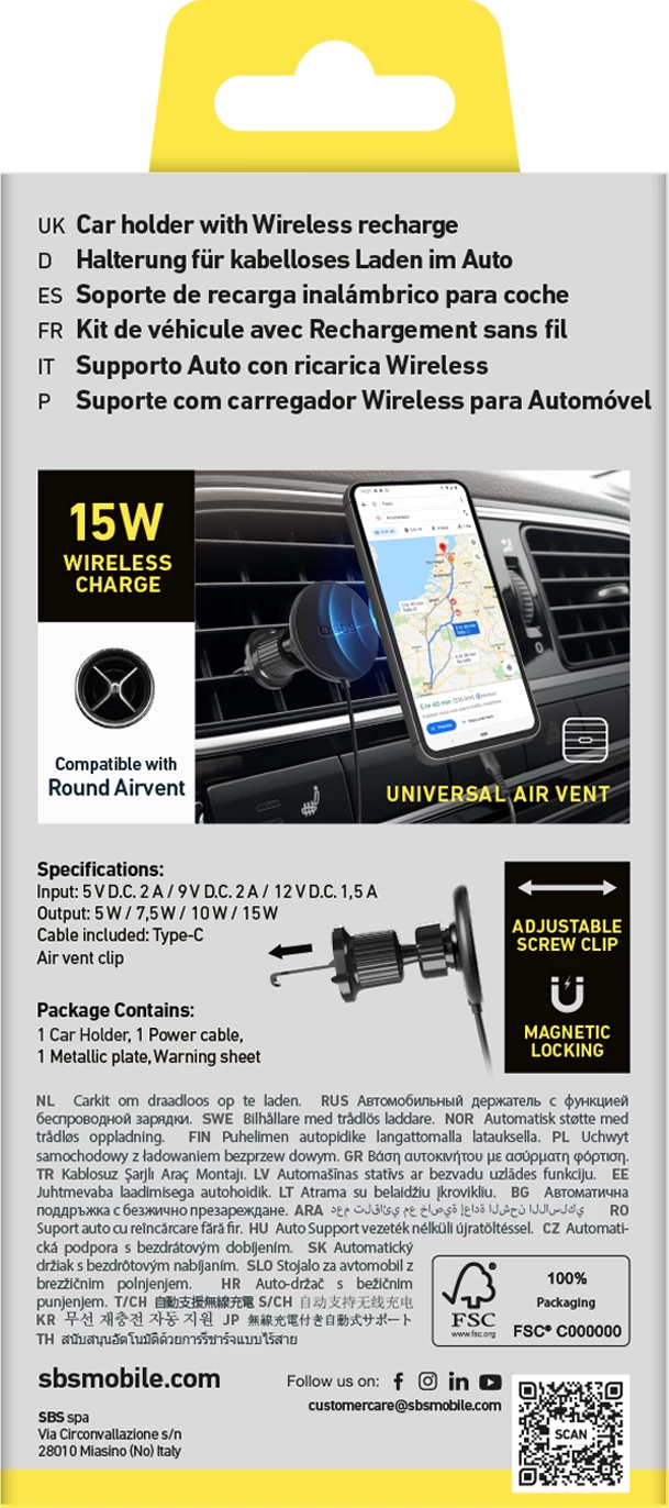 Mbajtës magnetik për celular me karikues wireless SBS TESUPPMAG15WVENT, MagSafe, 15W, i zi