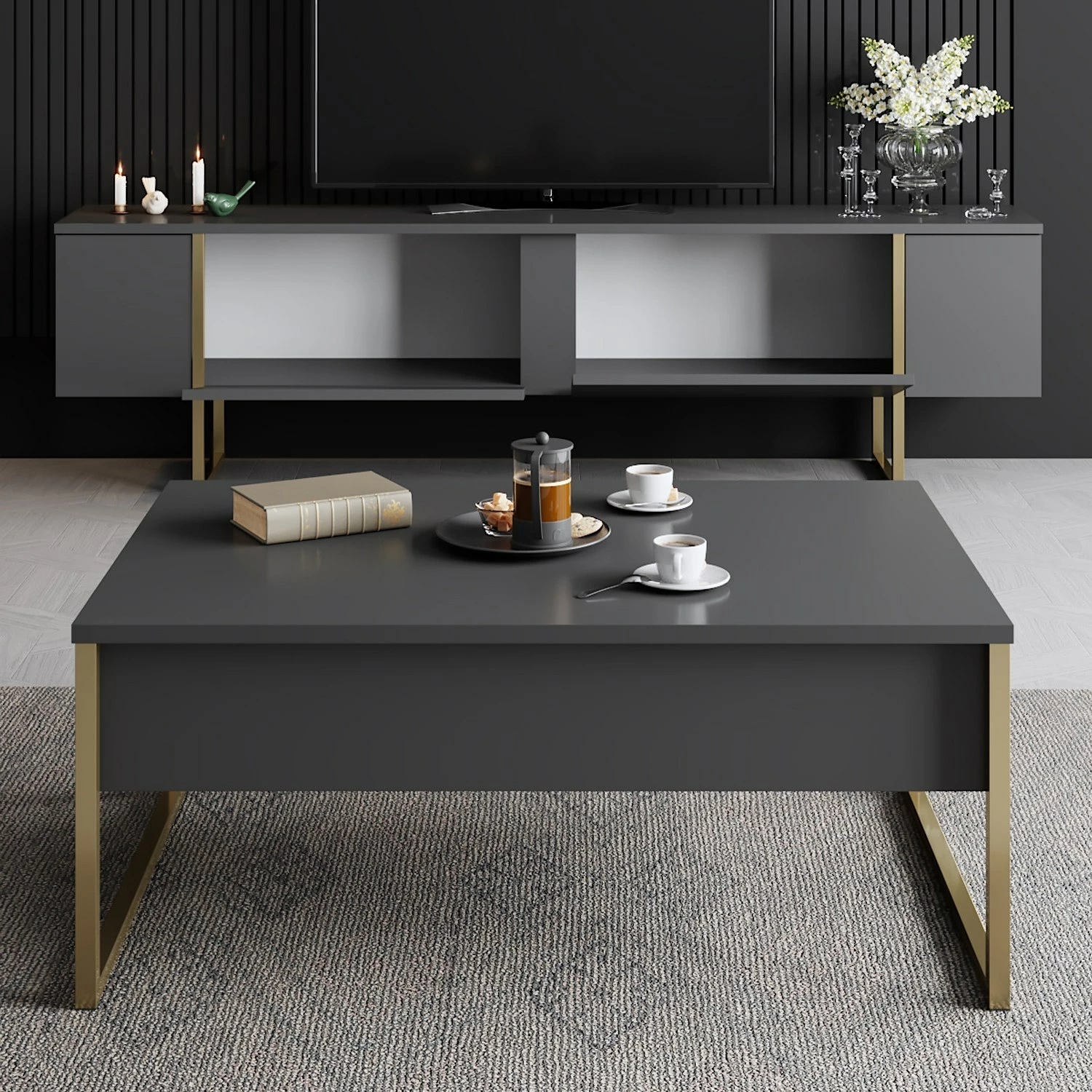 Set mobiljesh për dhomë dite, Luxe, antracit dhe ari