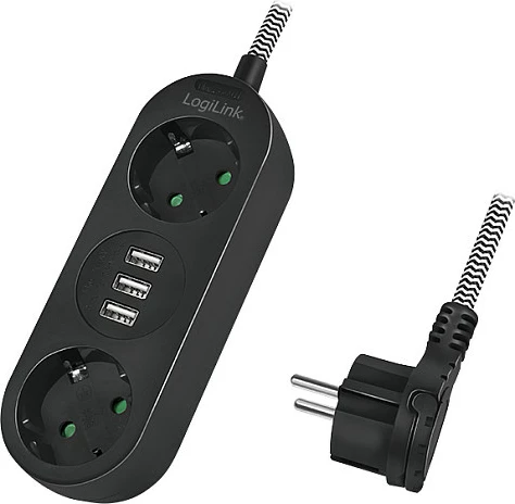 Zgjatues rryme LogiLink, 2x prizë Schuko CEE 7/3 + 3x USB-A, kabëll tekstil, i zi