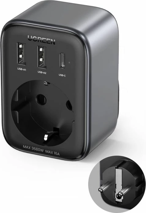 prizë muri USB 4-në-1 UGREEN Nexode 90613 30W PD/QC 2x USB-A + 1x USB-C + prizë Schuko, gri e errët