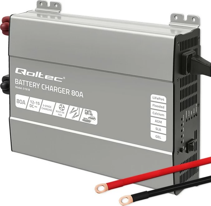 Karikues inteligjent akumulatori Qoltec Monolith 51918, 12V, 80A, për LiFePO4/AGM/GEL/SLA, zi/gri, set me kabllo