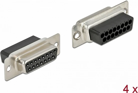 Konektor D-Sub 15-pin Crimp DeLOCK, femër, i drejtë, 4 copë, zi/argjend