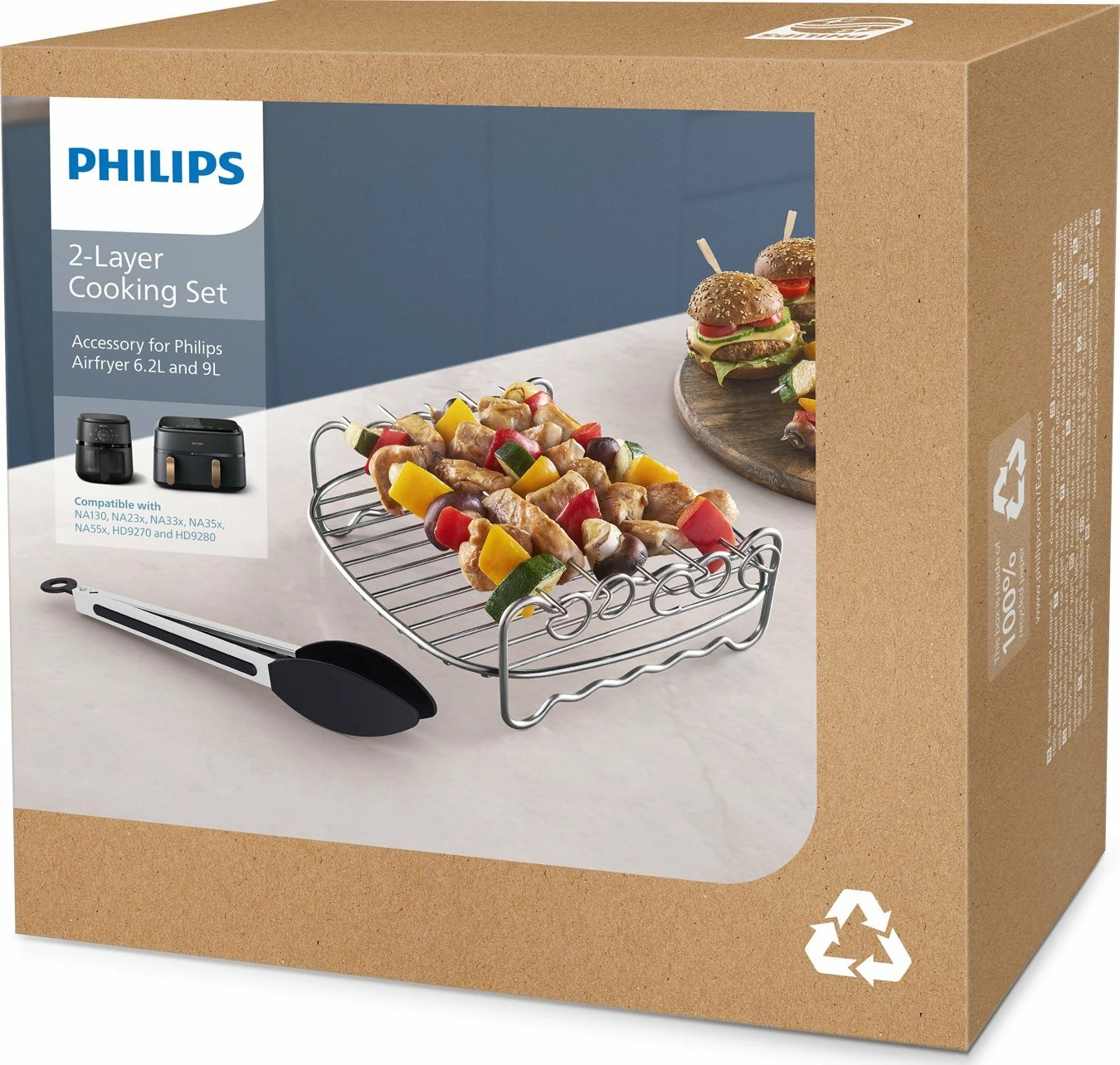 Set aksesorësh për Airfryer Philips HD9920/00, grilë dy-katëshe për 6.2/8.3/9 L, 5 shish + darë silikoni, argjendtë