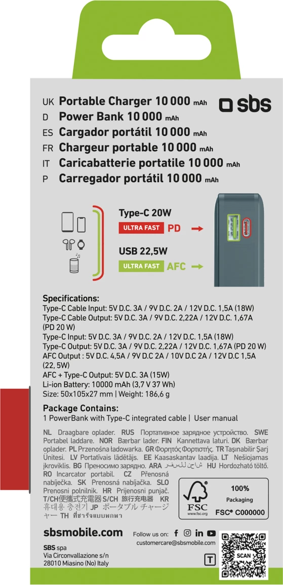 Powerbank SBS 10000 mAh 20W me kabllo USB-C të integruar dhe ekran LCD, Gri