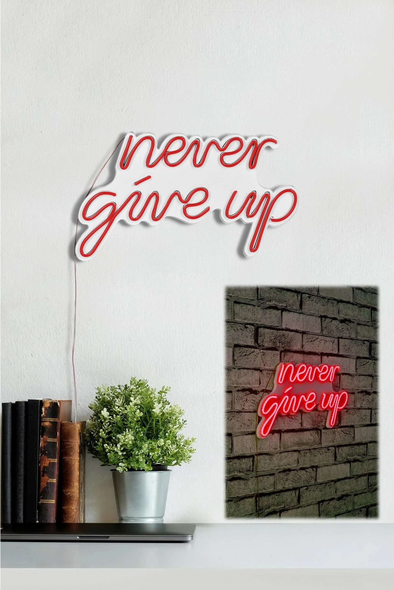 Dekor dritash LED plastike, 'never give up', ngjyrë e kuqe