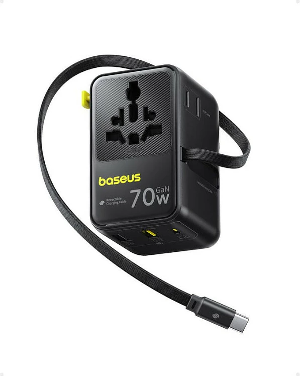Karikues Baseus EnerCore CG11, 70W GaN, 2xUSB-C + 2xUSB-A, 2x prizë AC, kabllo e tërheqshme 1m, i zi