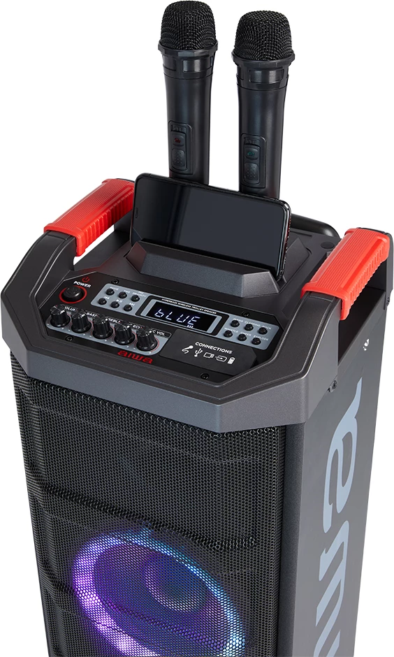 Altoparlant portativ Bluetooth Aiwa KBTUS-608 80 W RMS me drita RGB, me karrocë me rrota, i zi, me 2 mikrofonë wireless