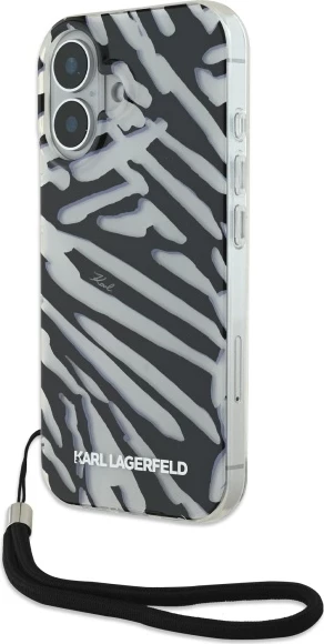 Mbështjellës Karl Lagerfeld IML Zebra Pattern & Cord për iPhone 16, Zi