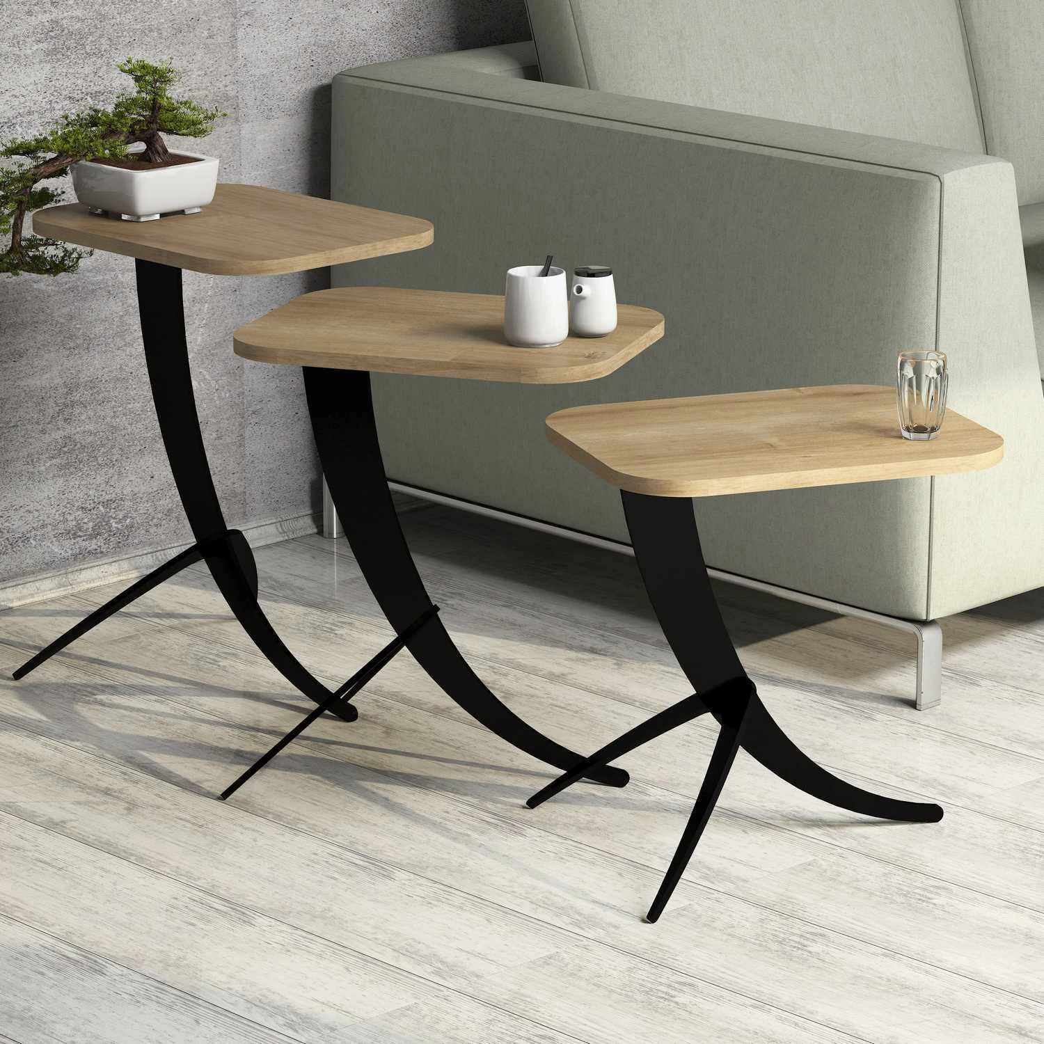 Set tavolinash ndihmëse (3 copë), Hanah Home, Pion - ngjyrë lisi