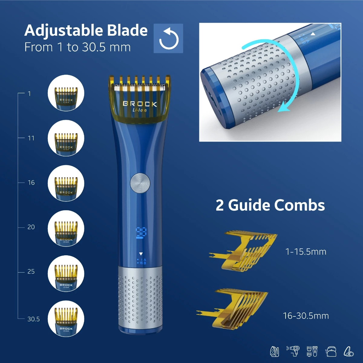 Makinë qethëse flokësh Brock BHC 3001, pa kabllo, bateri 600mAh, IPX6, e zezë/blue/silver