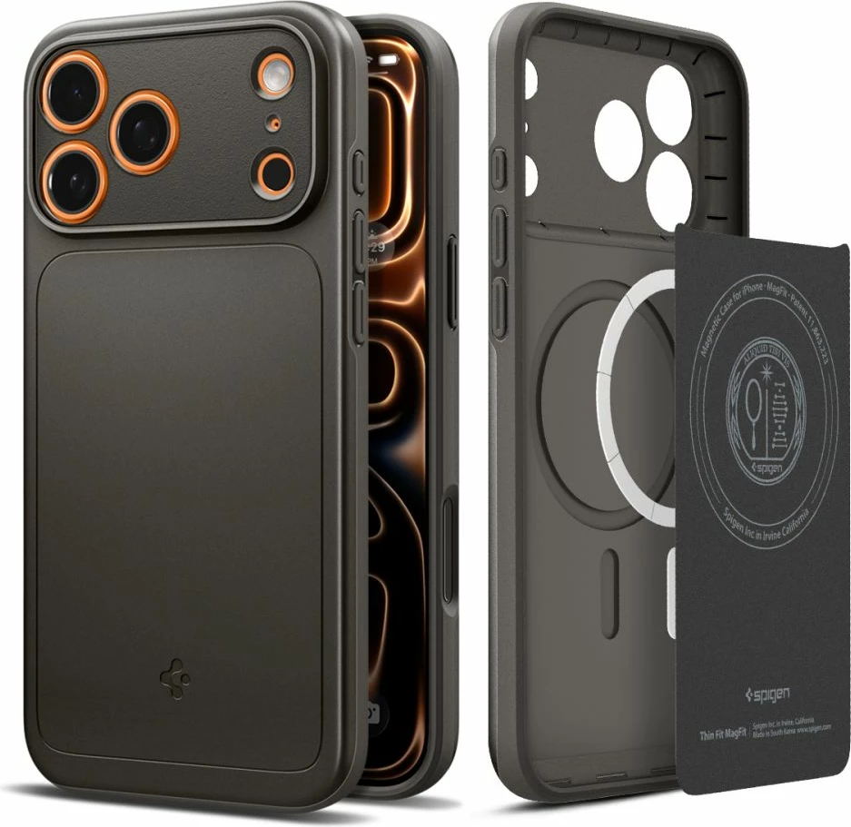 Mbështjellës, Spigen, Thin Fit MagSafe, për iPhone 17 Pro Max, polikarbonat, ultra i hollë, me MagSafe, gri