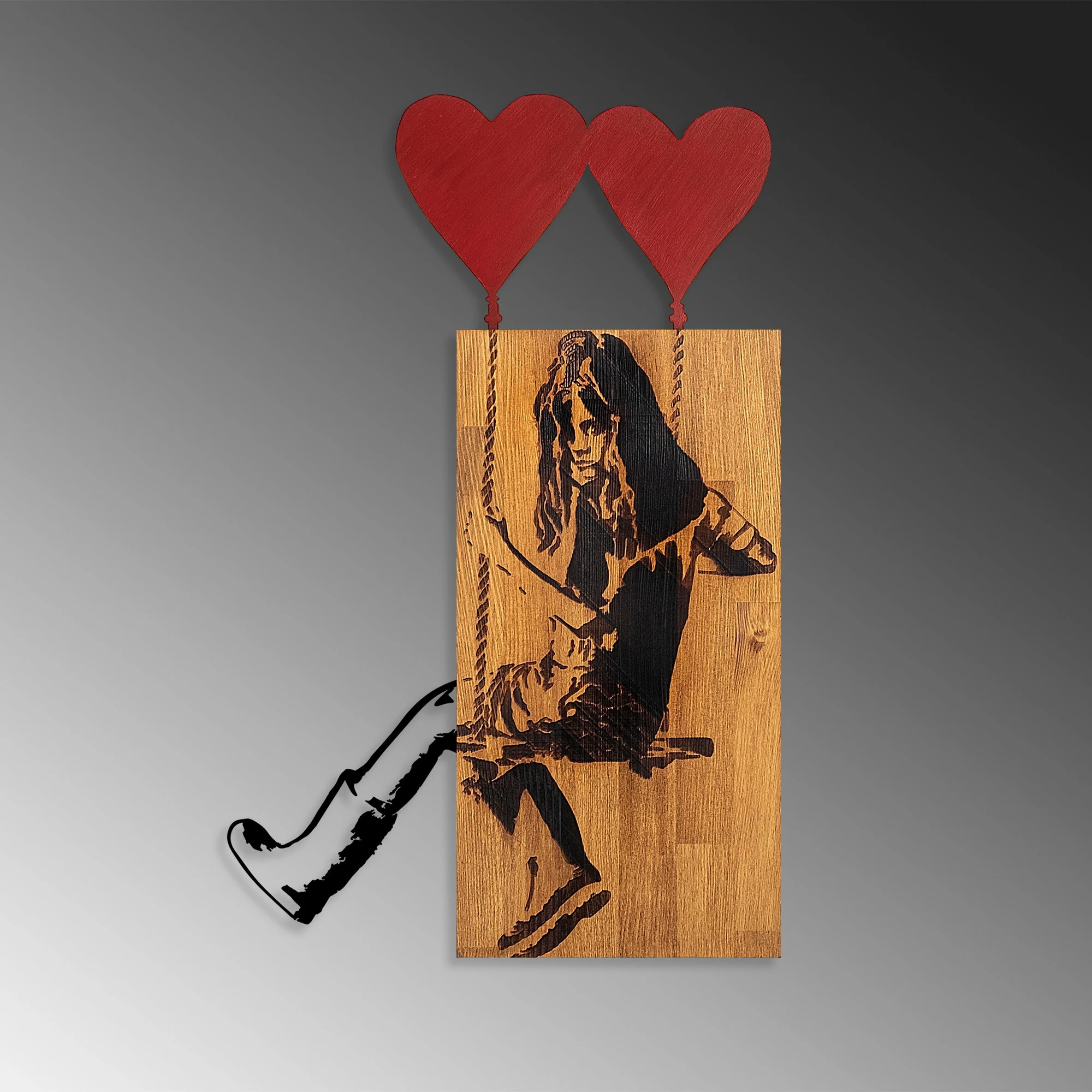 Aksesor dekorativ prej druri për mur, Wallity Banksy, ngjyrë arre dhe e zezë, 50x80cm