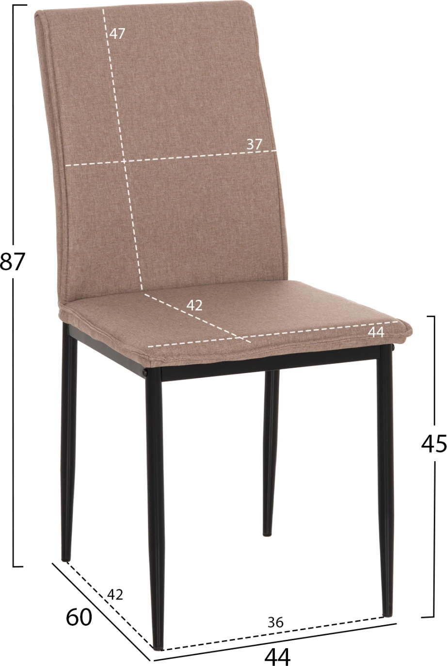 Set 4 karriga për ngrënie PERKY, material bezhë, këmbë metalike të zeza, 42x58x89.5cm