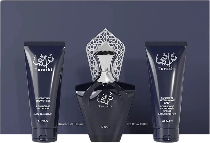 Set Eau de Parfum për meshkuj Afnan Turathi Blue Pour Homme, 90ml + shower gel 100ml + aftershave balm 100ml