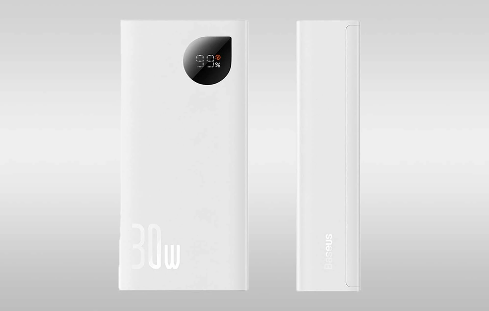 Powerbank Baseus Adaman2 10000mAh 30W PD me display, 3 porta, me kabllo USB-C 30cm, i bardhë