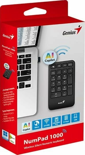 Tastierë numerike wireless Genius NumPad 1000, 2.4GHz, 21 taste, tast Microsoft Copilot, layout US INTL, e zezë, me adapter USB dhe 2x AAA