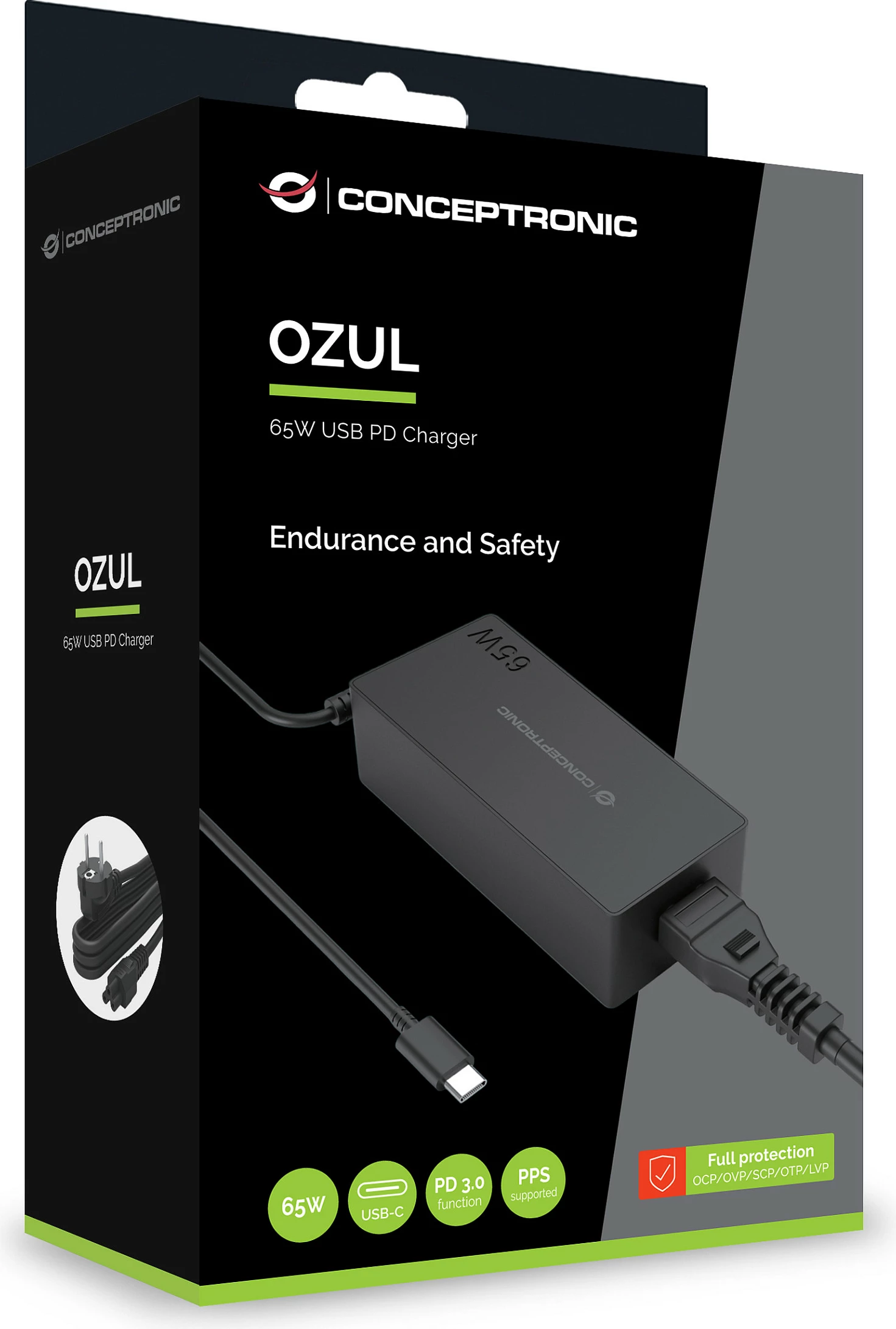 Karikues Conceptronic GaN USB-C 65W PD 3.0/PPS, kabllo 1.2m, i zi