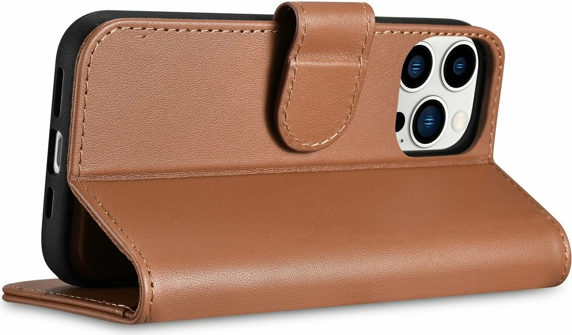 Mbështjellës iCarer Wallet Case 2in1 për iPhone 14 Pro Max, lëkurë natyrale, Anti-RFID, Kafe