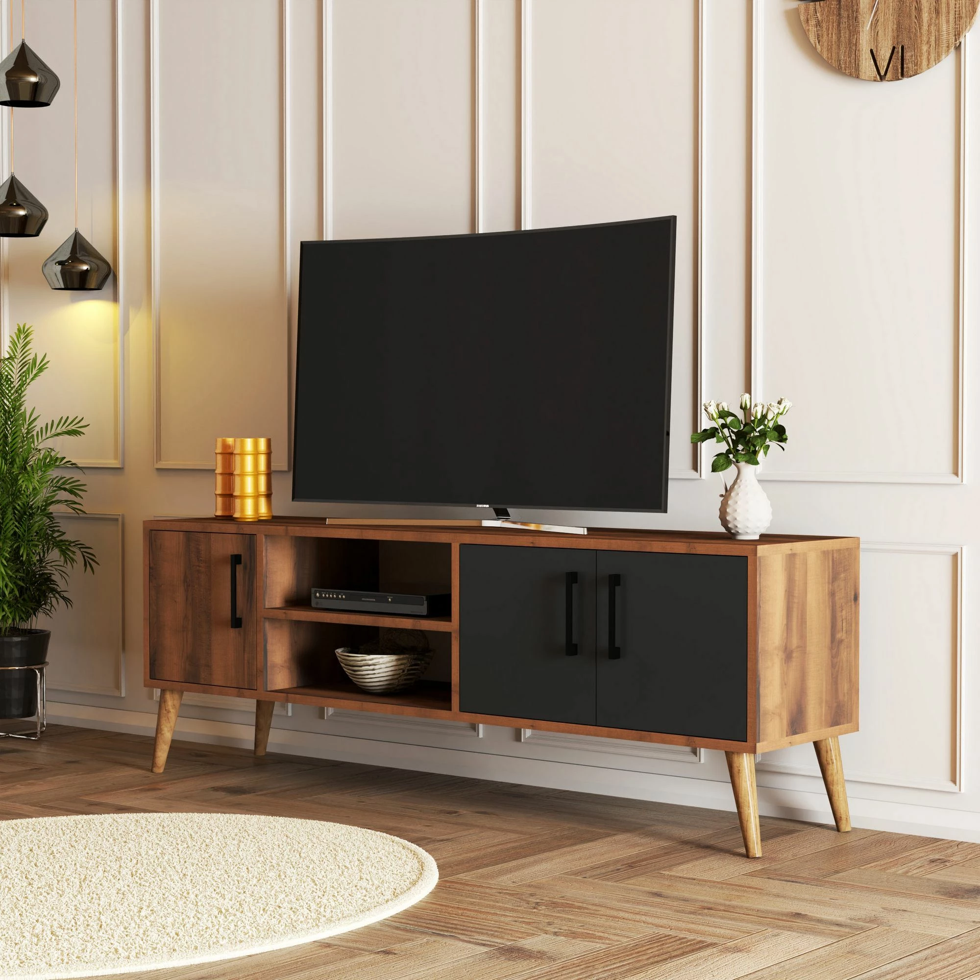 Komodë TV Exxen, ngjyrë arrë dhe antracit, 150x52x34cm