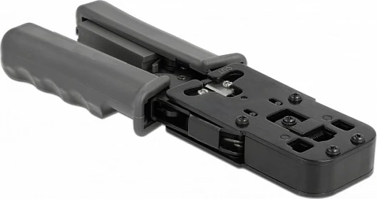 Pincë krimpuese DeLOCK për RJ45/RJ12/RJ11/RJ10, me zhveshës kabllo dhe tester rrjeti, e zezë/gri