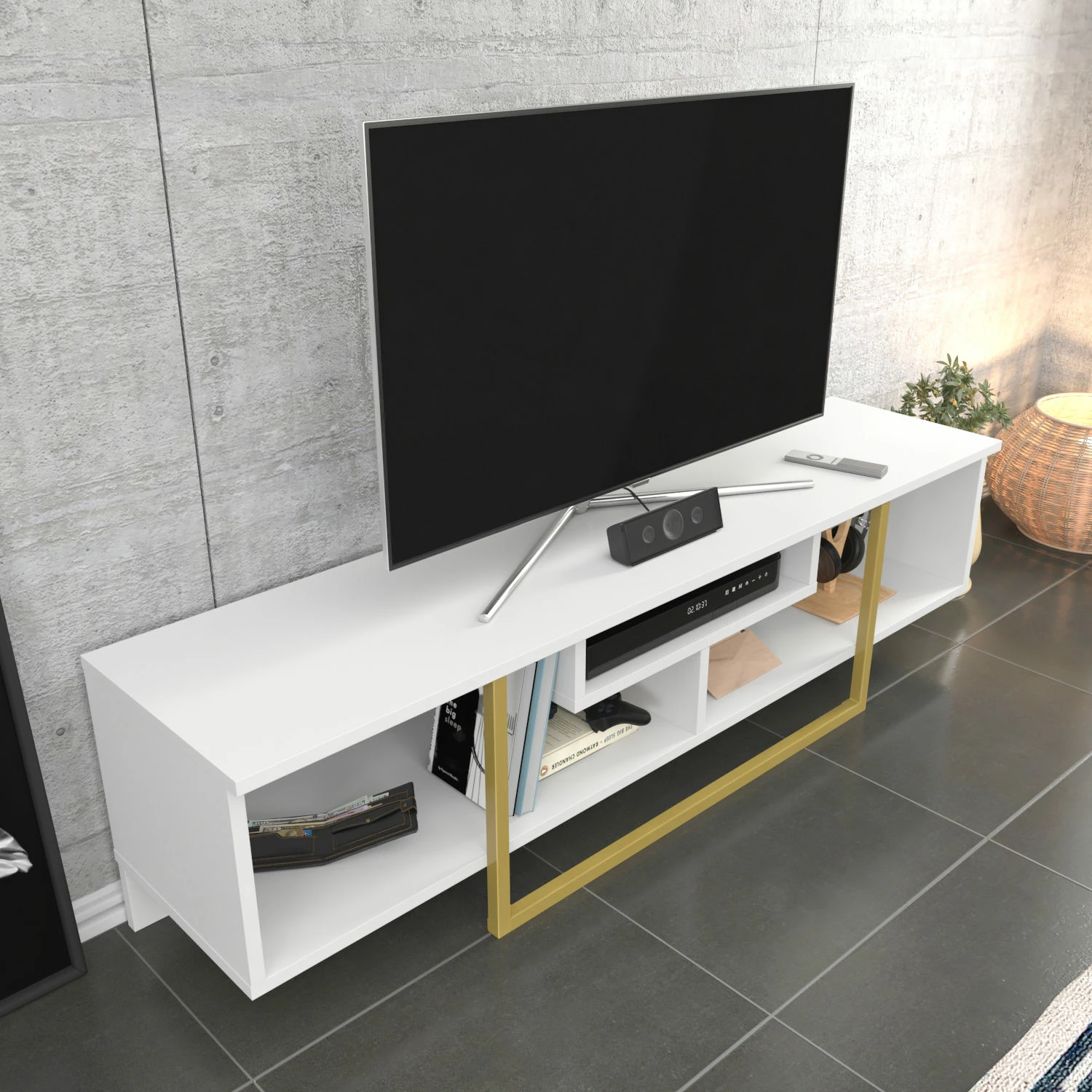 Komodë TV Hanah Home, Asal 150, e bardhë, ari