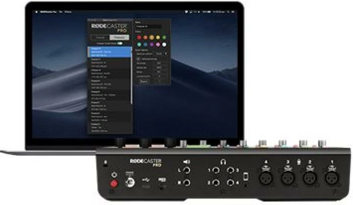 Konsolë audio prodhimi për podcast/streaming, RØDE RodeCaster Pro, shumëkanale me fader-a dhe pads efektesh, 420x340x130 mm, e zezë