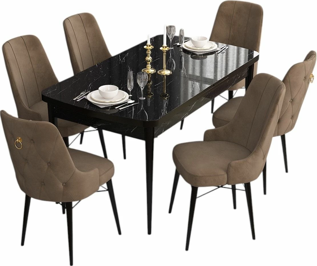 Set tavoline me karrige për ngrënie, zgjatues, 7 pjesë, Skye Decor, mermer i zi, kafe