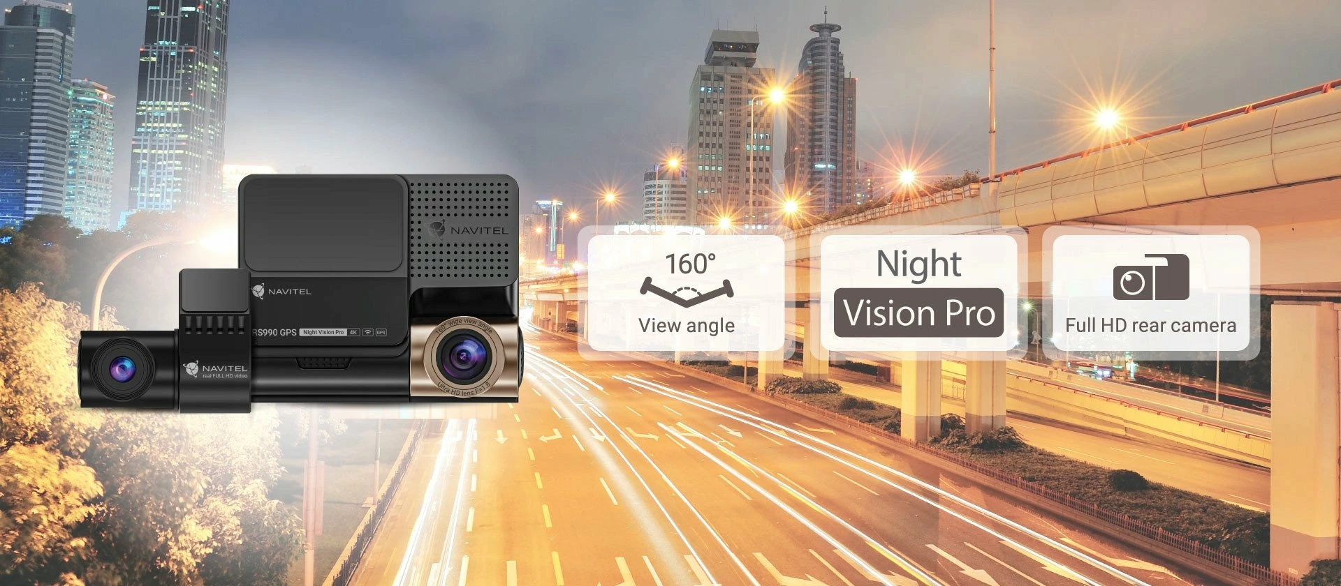 Kamerë për veturë Navitel RS990 4K GPS, set front+prapa me Wi‑Fi/ADAS, e zezë/ari
