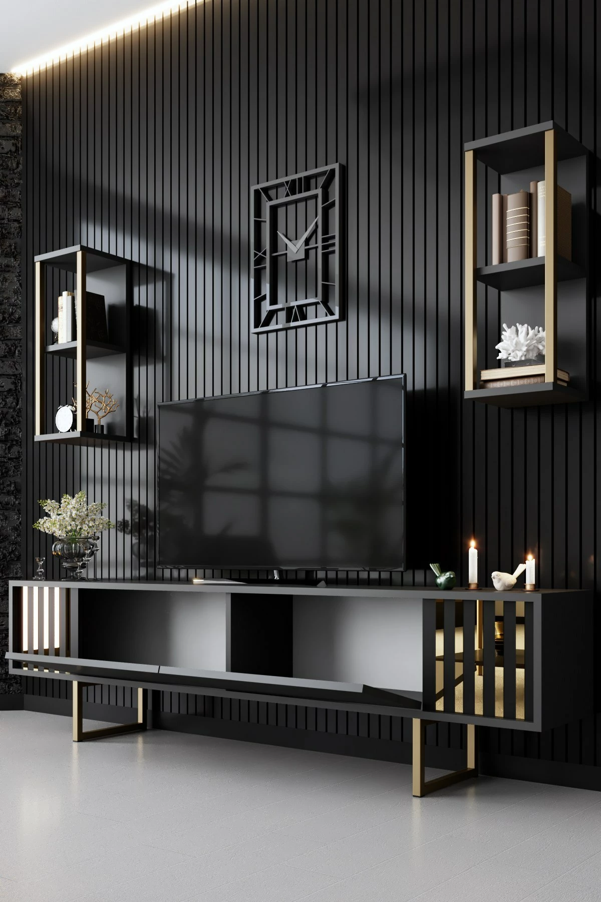 Set mobiljesh për dhomë dite, Skye Decor, linjë ari, anthracite, ari