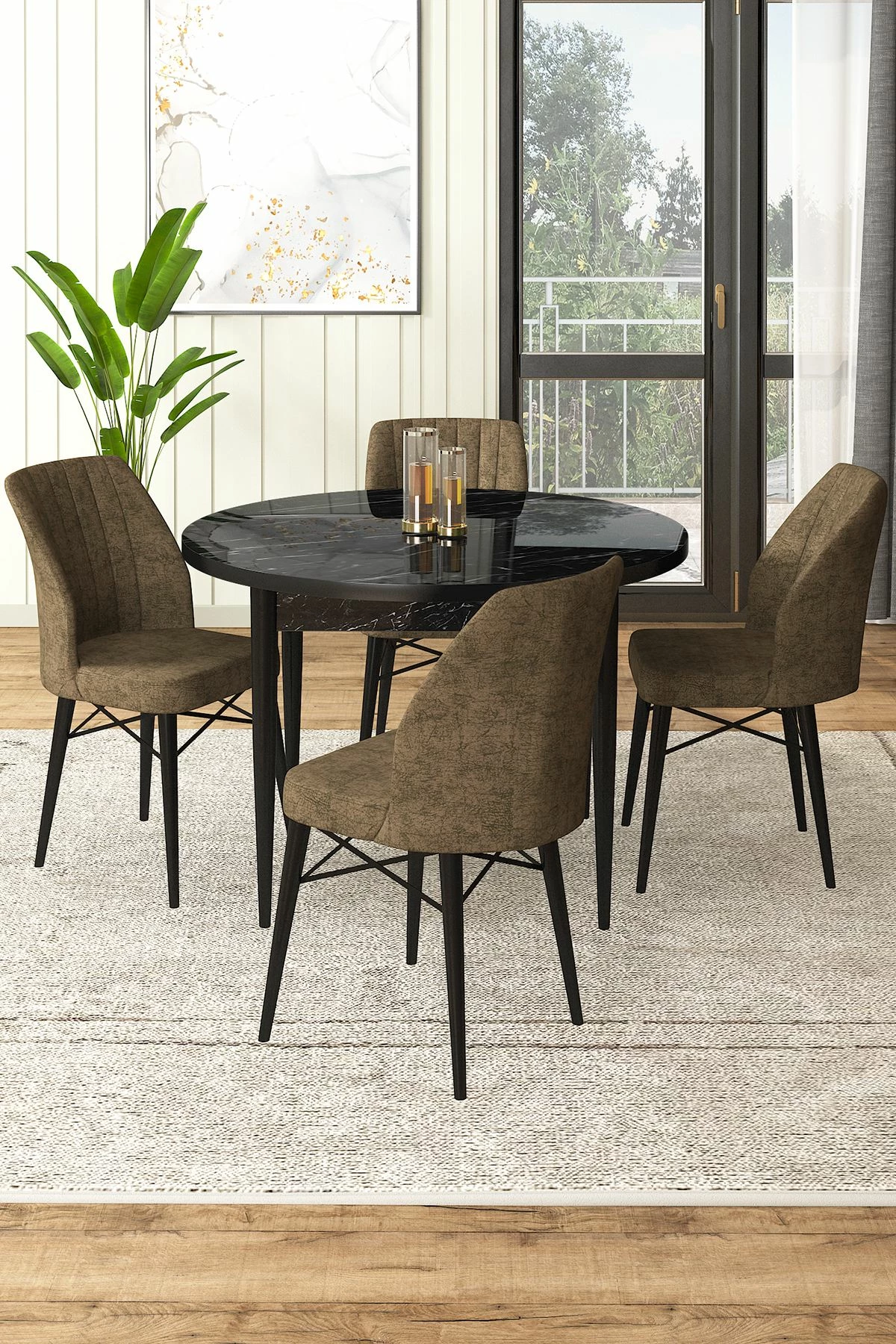 Tavolinë me karrige, 5 copë, Skye Decor Rox, mermer i zi, kafe