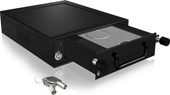 Baj hot-swap ICY BOX për HDD/SSD, 5.25", 1x 2.5/3.5" SATA/SAS, me çelës, i zi