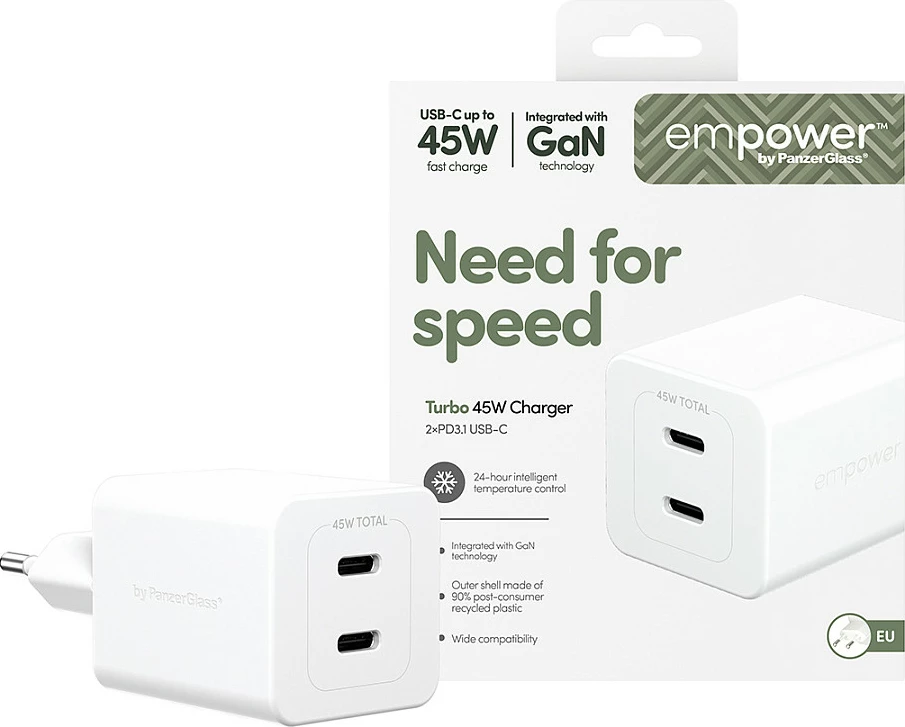Karikues PanzerGlass empower Turbo 45W, 2x USB-C, EU Plug, i bardhë