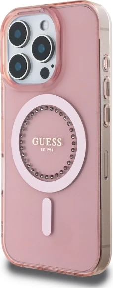 Mbështjellës Guess IML Rhinestones MagSafe për iPhone 16 Pro, Rozë