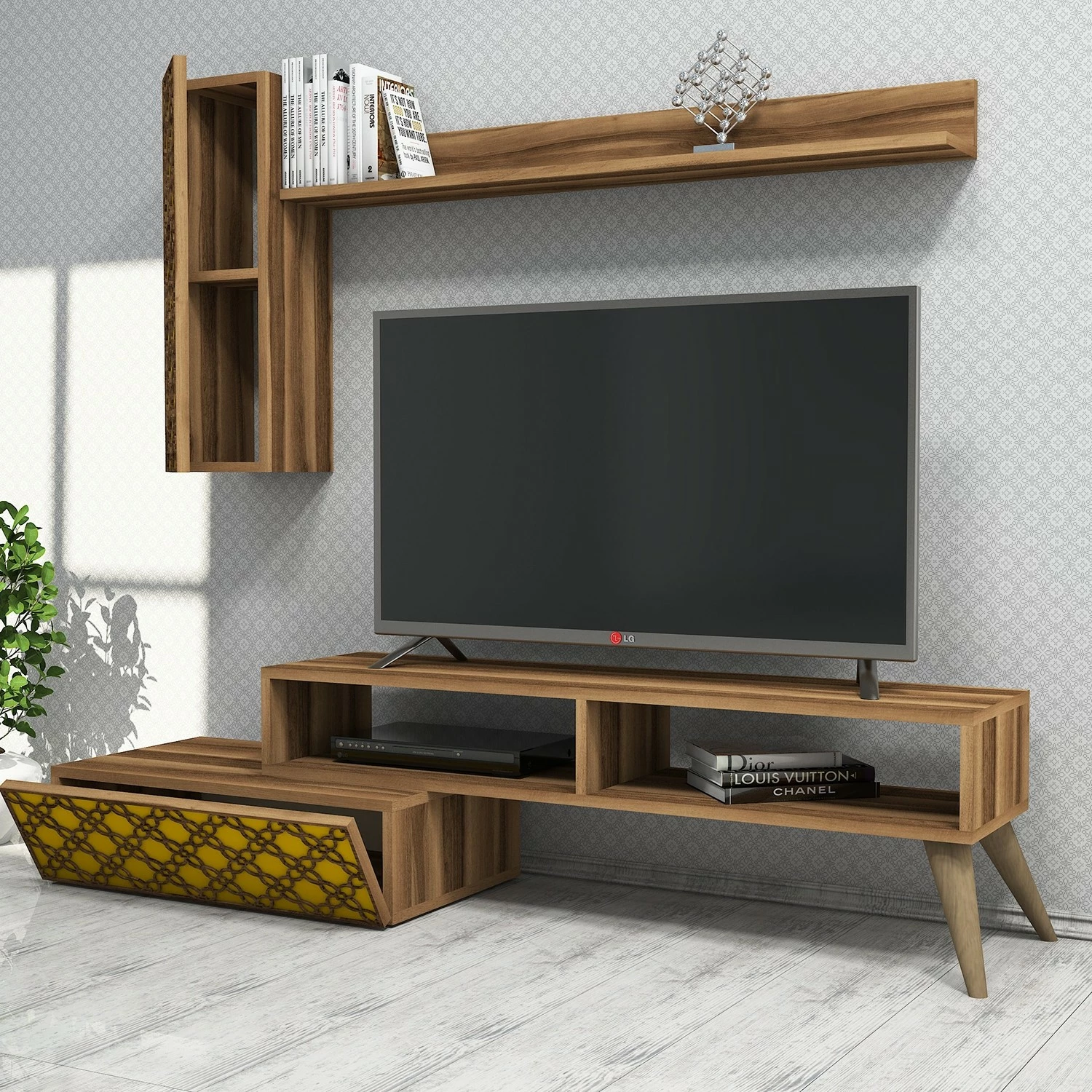 Njësi televizori Skye Decor, ngjyrë arre, e verdhë