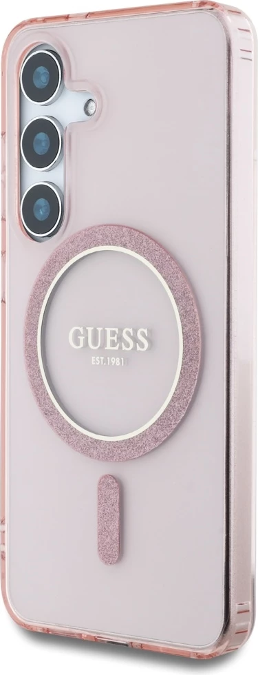 Mbështjellës Guess Glitter Circle Classic Logo MagSafe për Samsung Galaxy S25, Rozë