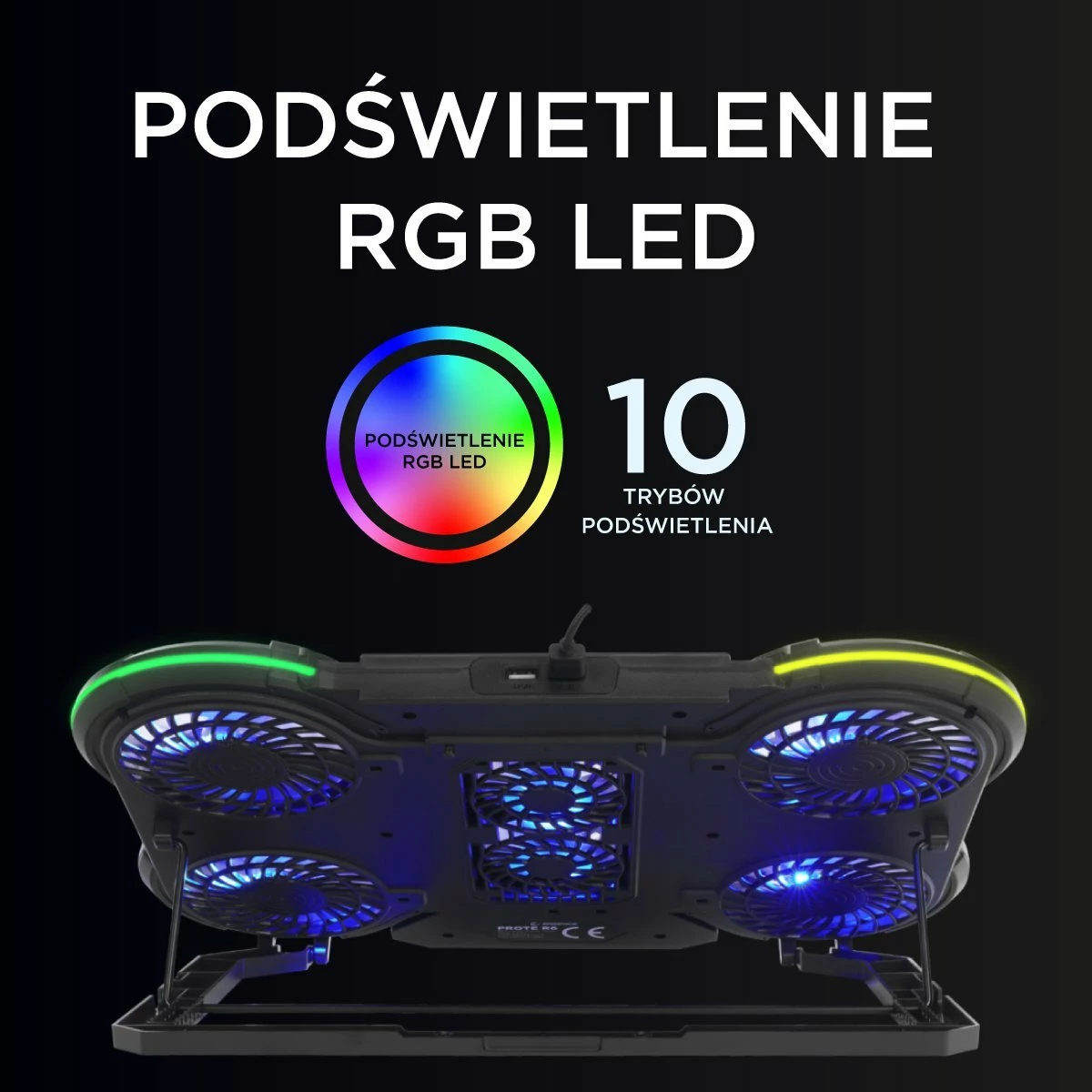 Bazë ftohëse për laptop Rampage Prote R6 10-17\", RGB, rregullueshme, 2x USB, e zezë