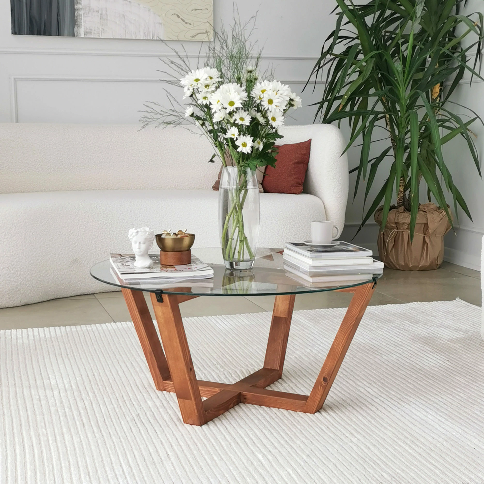 Tavolinë kafeje Hanah Home, Lotus, ngjyrë druri, xham i temperuar, 75x35x75cm