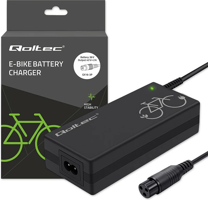 Ngarkues biçikletë elektrike, Qoltec 52618, 42V 2A 84W, prizë GX16-3P, për bateri 36V, me kabllo rryme, zi