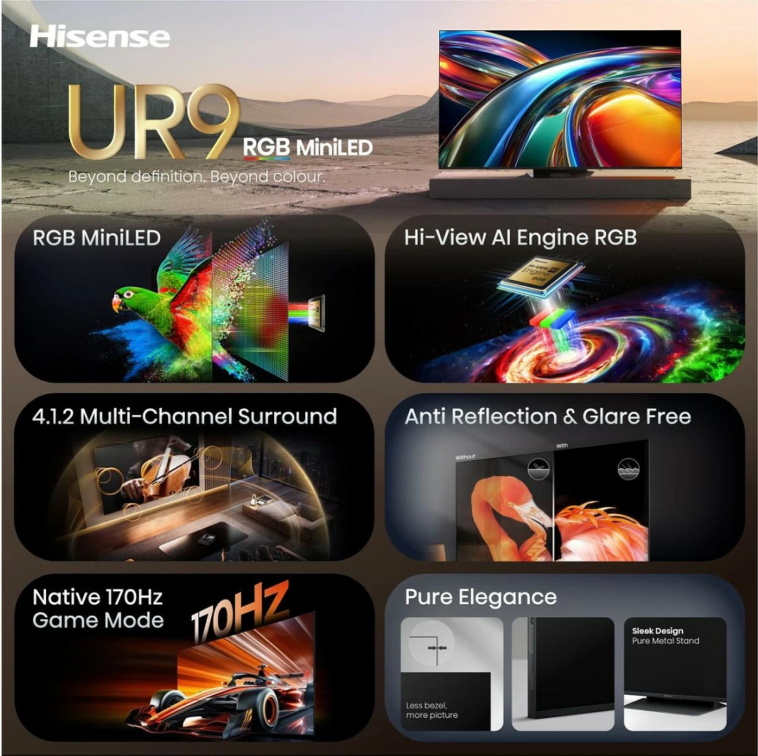 Televizor Smart Hisense 65UR9DS, 65" 4K RGB MiniLED, 170Hz, WiFi/Bluetooth, USB-C, i zi/gri